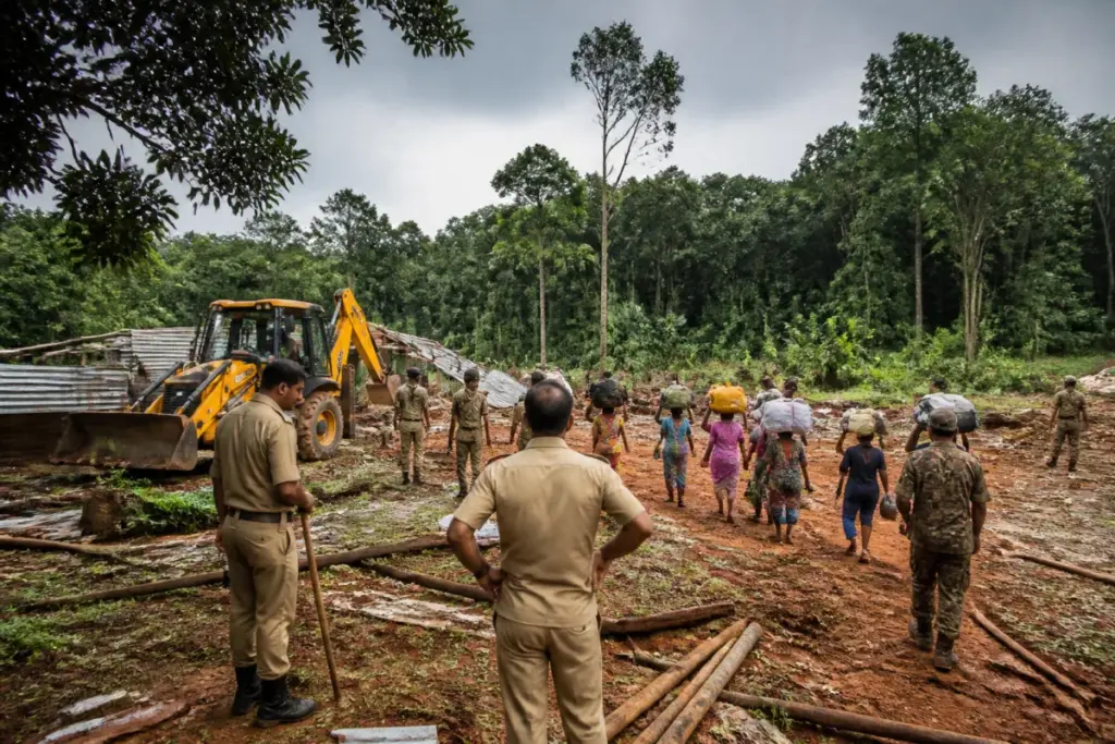 Assam forest evictions clearing an encroached reserve forest area in Nagaon
