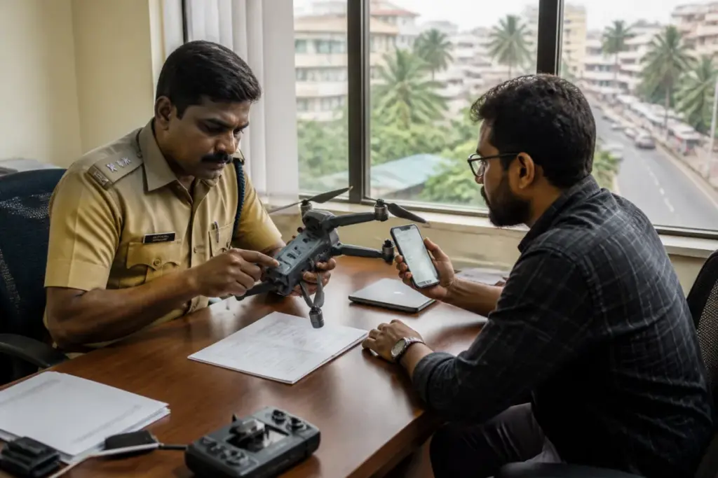 Drone registration in Thiruvananthapuram, with a quadcopter above an urban police-monitored street.