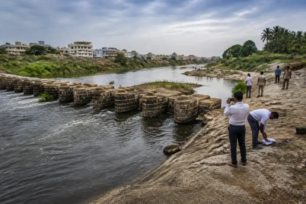 Kurichi check dam on Coimbatore’s Noyyal river, the site of a heritage inspection