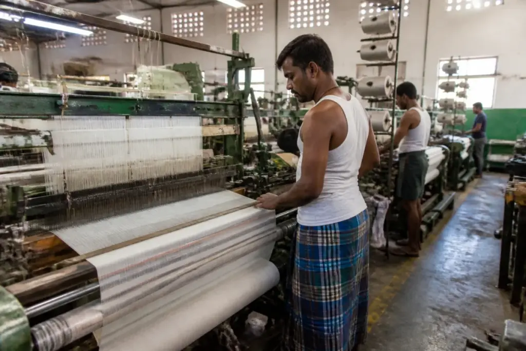 Tirupur powerloom workers operating textile machinery in an industrial unit