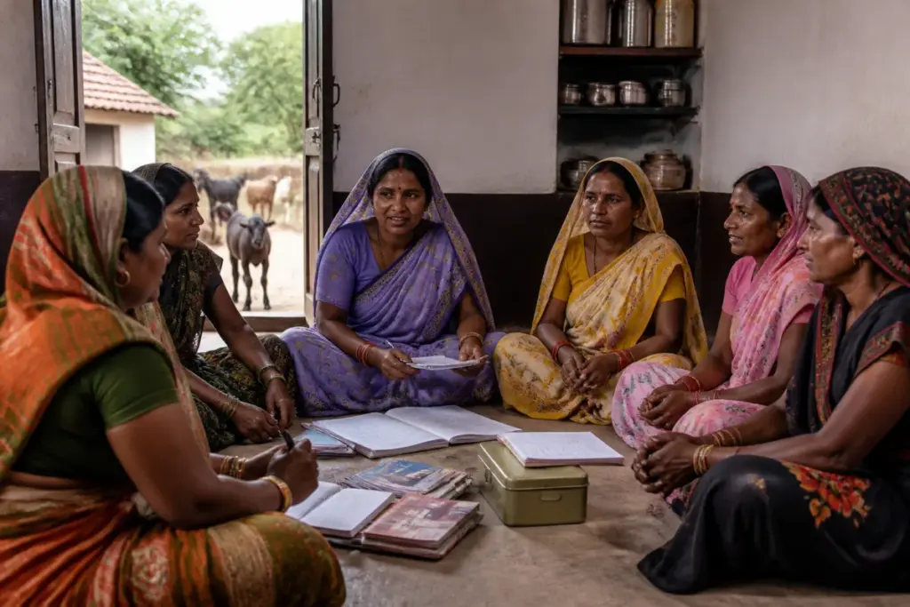 Balrampur rehabilitation families participating in a rural self-help group meeting
