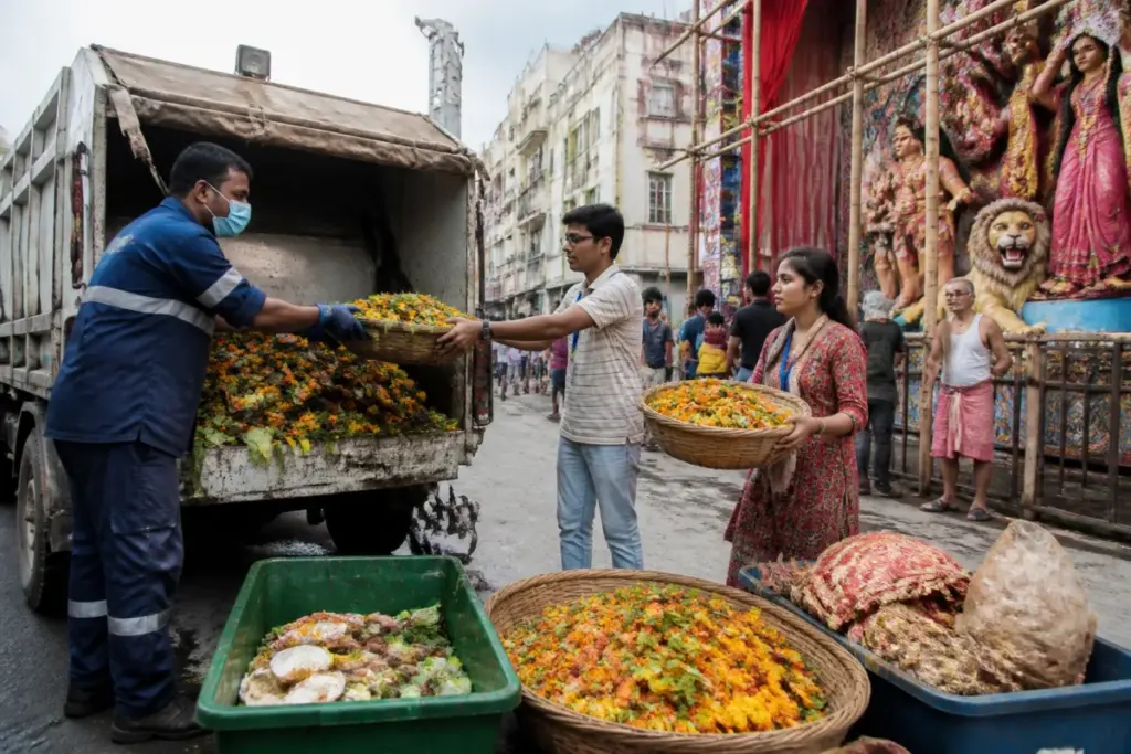 Jamshedpur flower waste collection vehicle serving a Durga Puja pandal