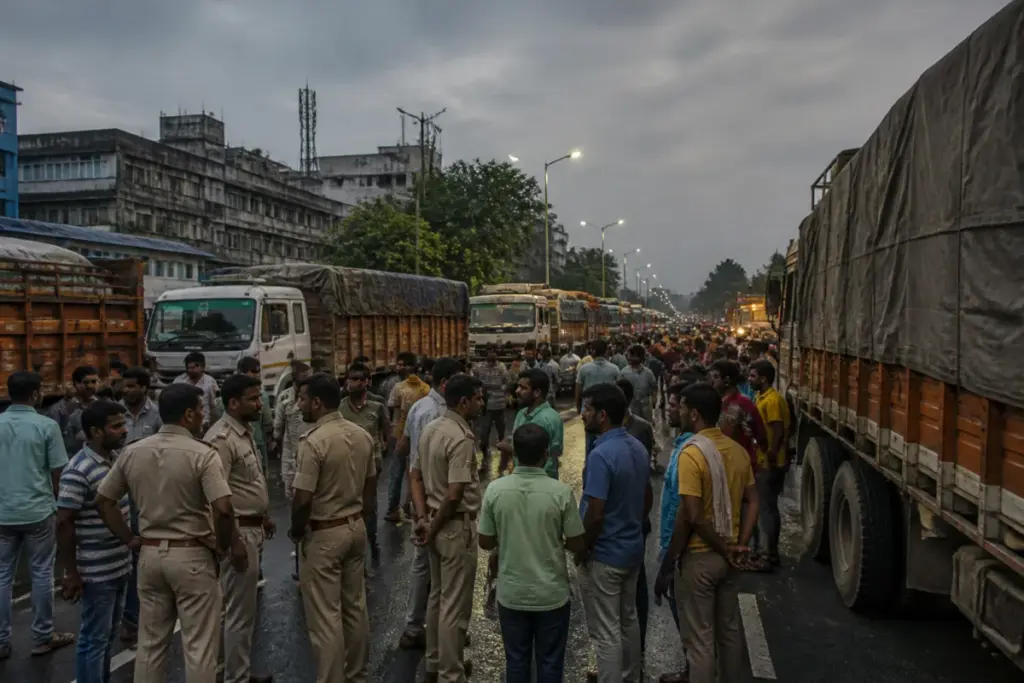 Jamshedpur truckers protest blocking a road near Bhuiyadih Chowk