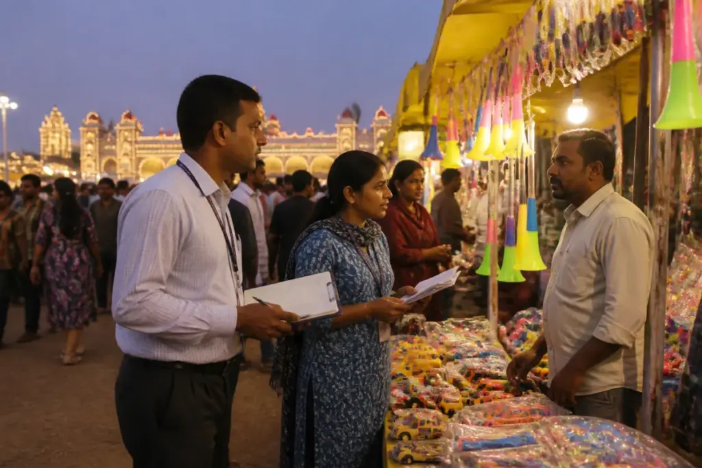 Child protection officials conducting a safety check during Mysuru Dasara