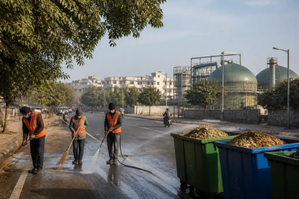 Punjab clean air initiatives at a civic road-cleaning and waste-processing site