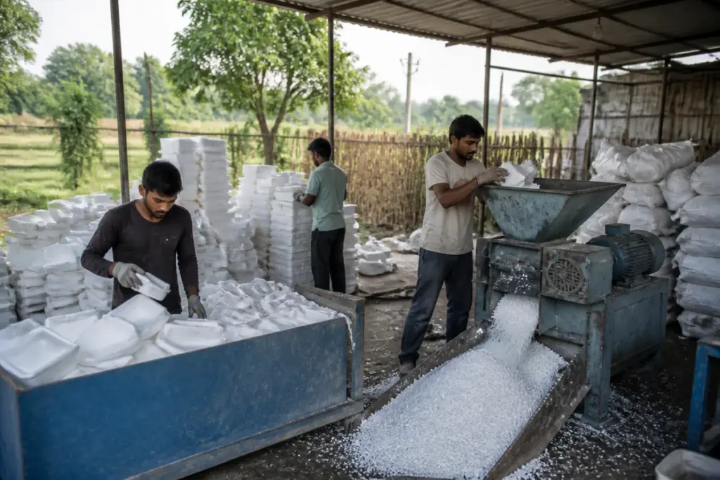 Thermocol waste recycling unit processing discarded packaging into granules in Patna