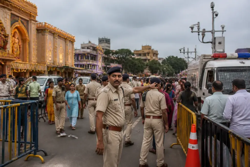 Police deployment and crowd management preparations at a Durga Puja venue in Patna