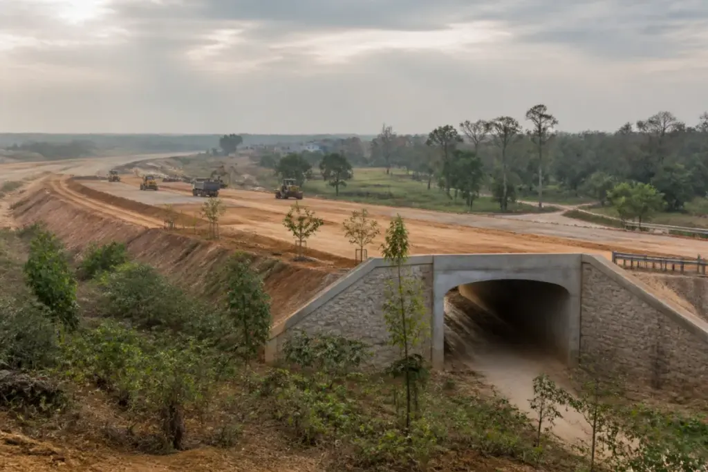 Varanasi-Kolkata Expressway construction with planned wildlife crossing infrastructure in Bihar