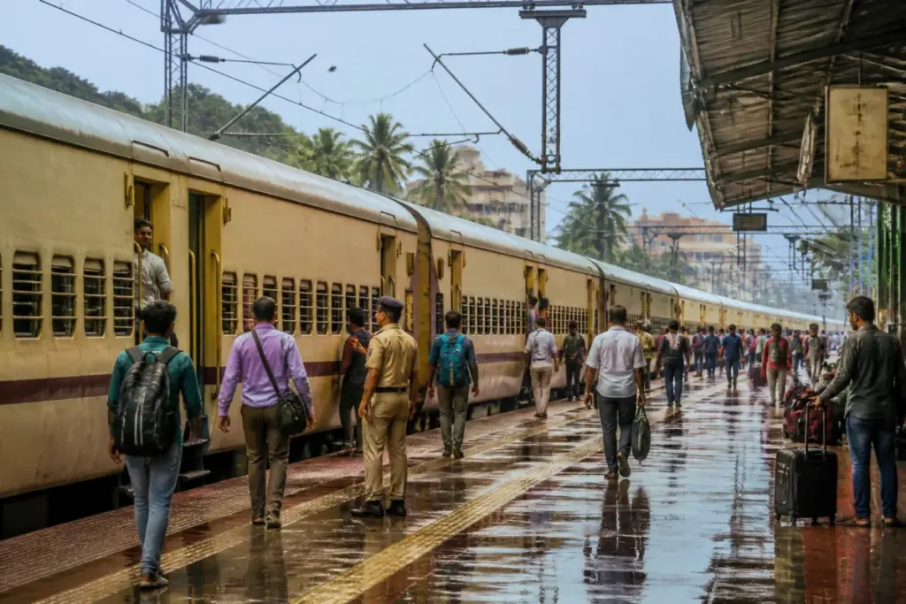 Mangaluru special trains at a railway platform with passengers and coaches ready for departure