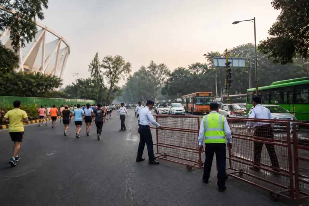 Delhi half marathon traffic advisory affecting roads near Lodhi Road and Jawaharlal Nehru Stadium