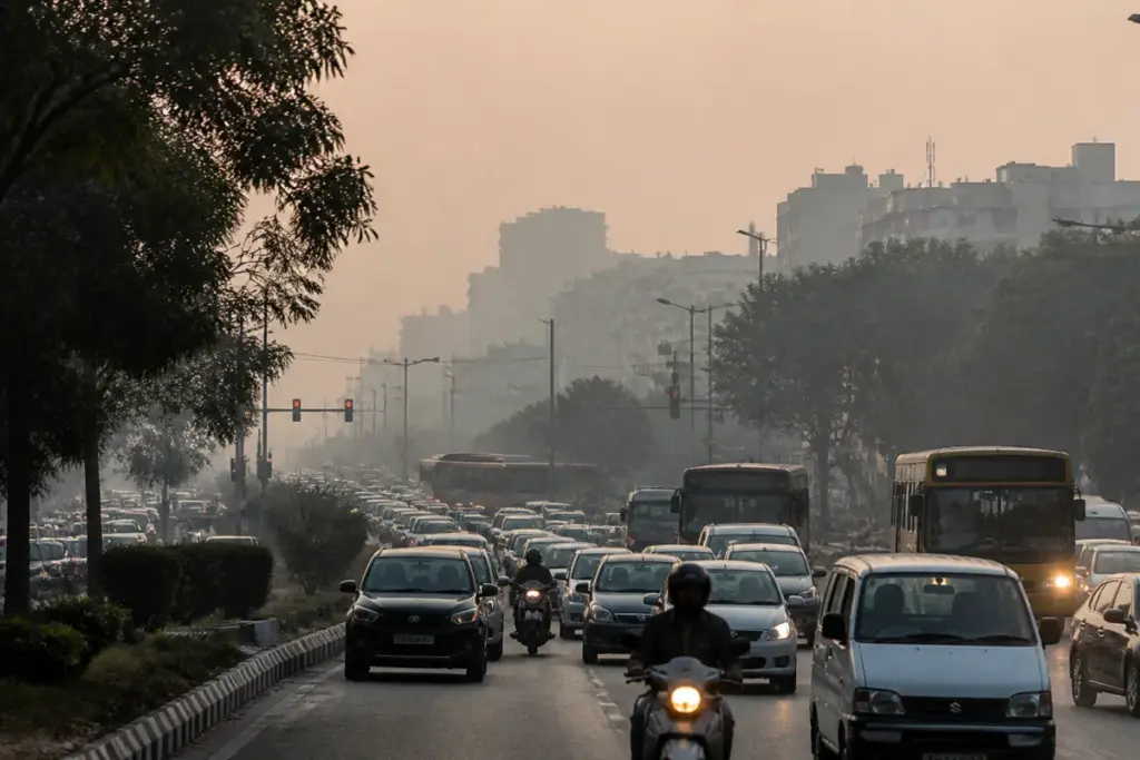 Delhi AQI pollution haze over a busy traffic corridor with vehicles and urban buildings