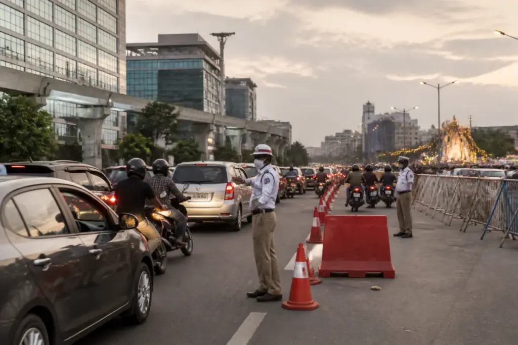 Cyberabad traffic restrictions divert vehicles near Kukatpally during Saddula Bathukamma celebrations.