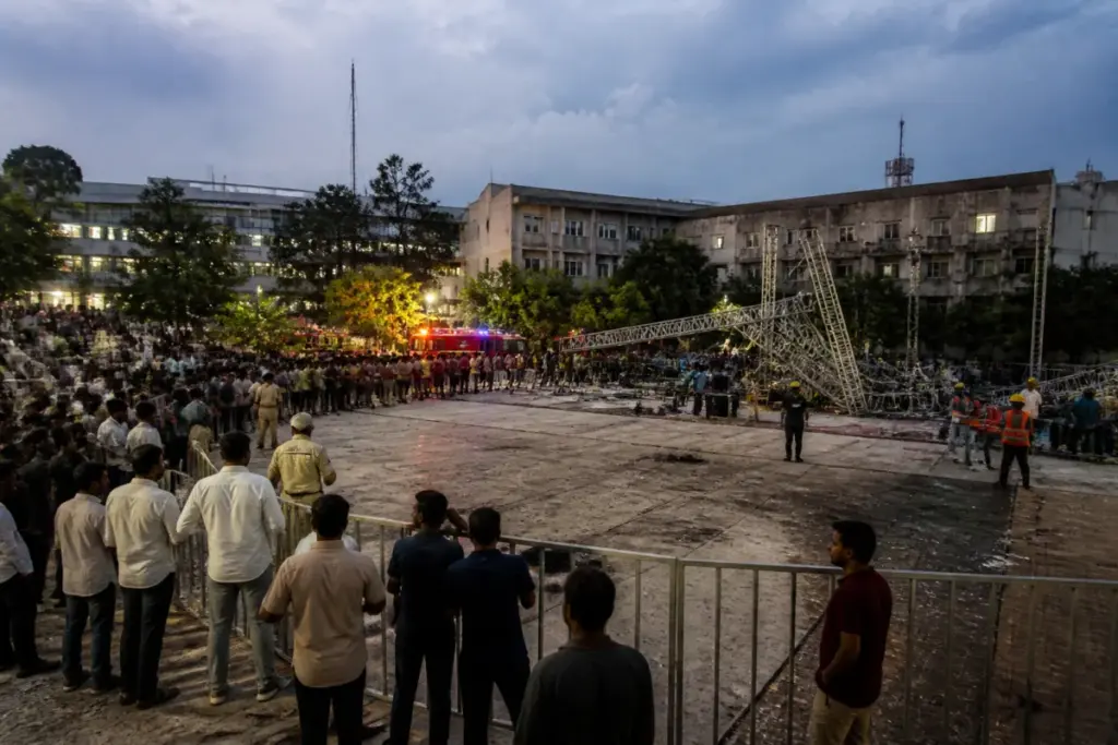 Emergency response at a Hyderabad college after a dandiya event lighting truss collapsed.