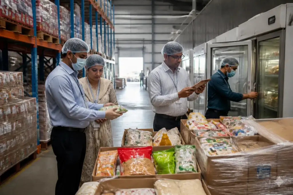Pune FDA action at a food warehouse with stored grocery products and inspection activity
