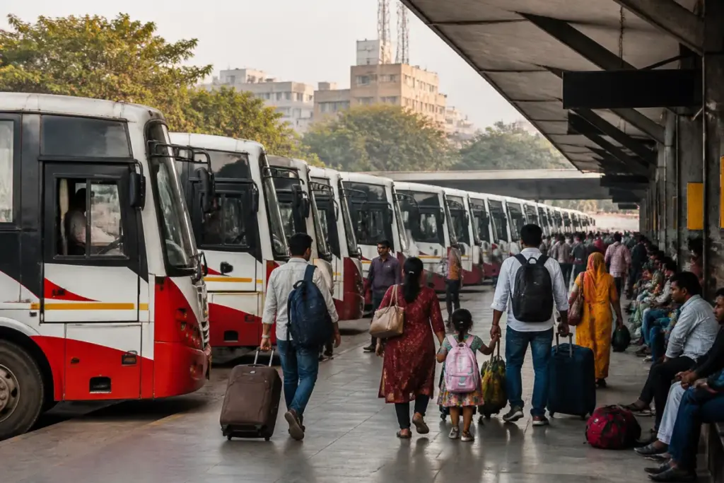 Ahmedabad ST buses arranged for Diwali travel at a busy Gujarat bus terminal