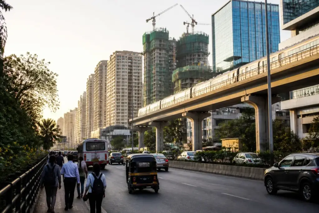 India GDP growth reflected in a dense Indian city with construction, transport and commercial activity