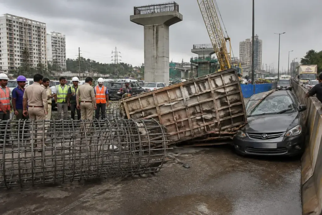 Thane construction safety incident near Kopri Bridge with a fallen reinforcement cage beside a damaged car