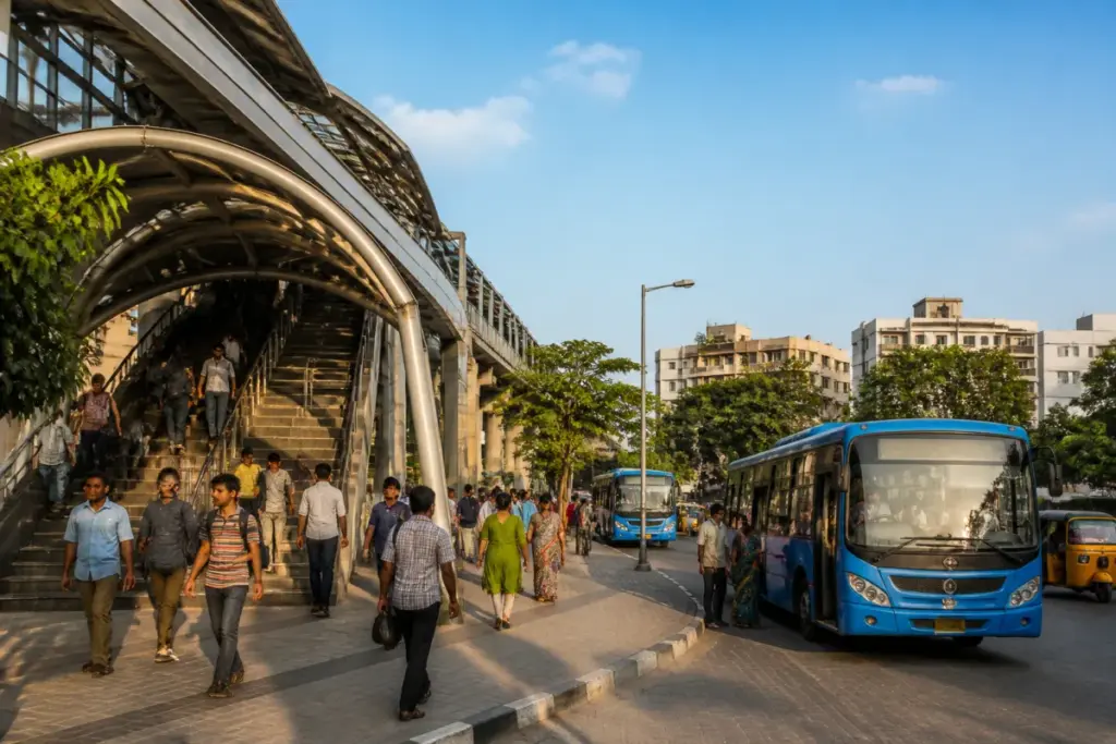 Chennai Metro feeder services connecting commuters to a station in an urban neighbourhood