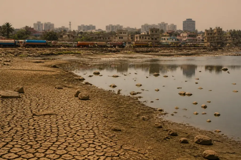 2027 heat in India threat shown through a dry urban reservoir and heat-stressed city landscape