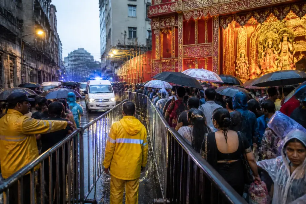 Crowded Kolkata pandal entrance during rain after the Chorbagan pandal stampede