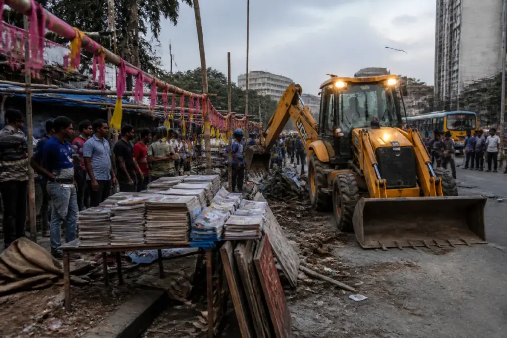 KMC demolition equipment near book stalls outside Jadavpur University in Kolkata