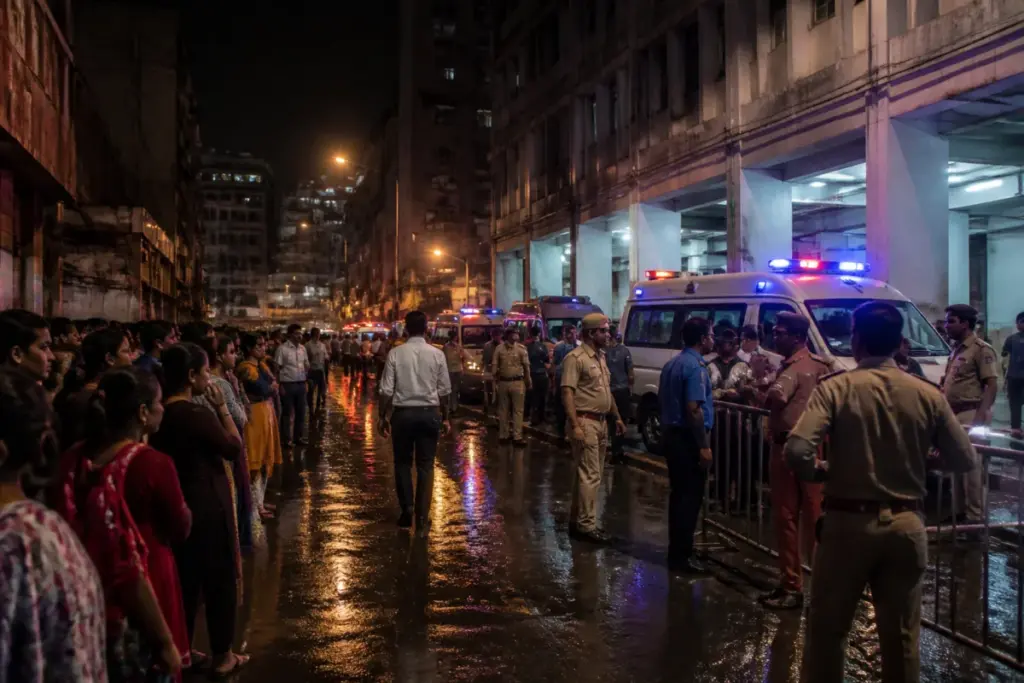 Police and ambulances outside Calcutta Medical College after the Kolkata pandal stampede