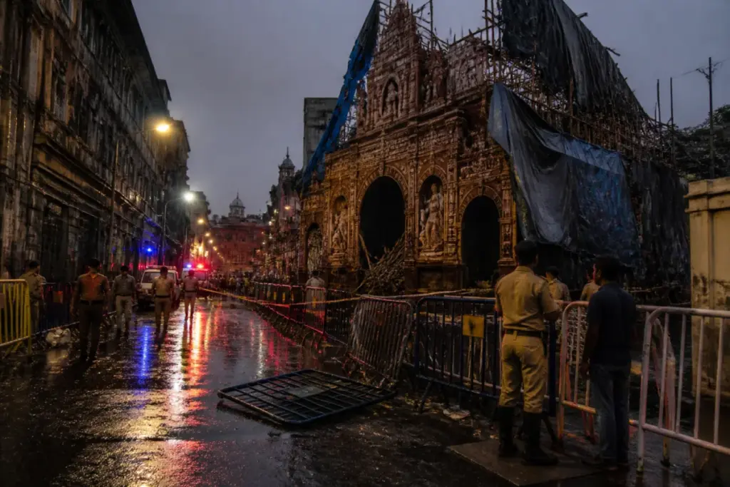 Kolkata stampede site at a crowded Durga Puja pandal after heavy rain