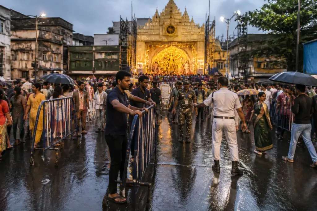 Kolkata Durga Puja pandal with barricades and visitors being guided through controlled exits