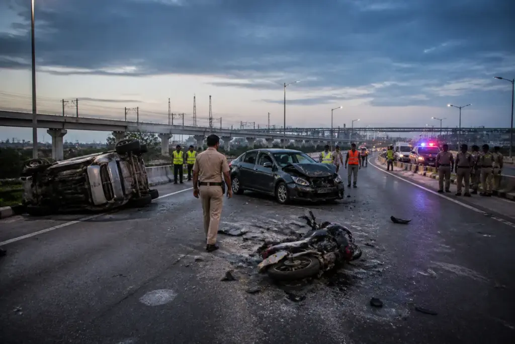 Kalyani Expressway accident site near Barrackpore with damaged vehicles and emergency responders