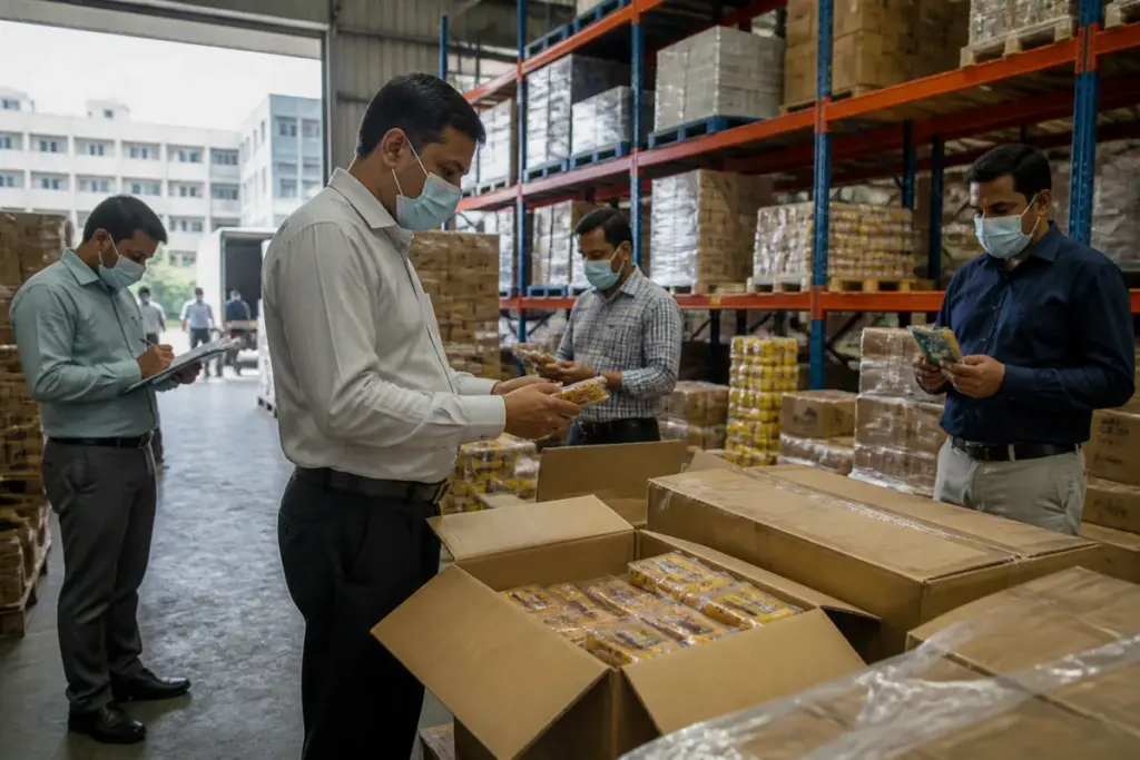 Food safety raids at a warehouse with seized packaged food cartons in Maharashtra