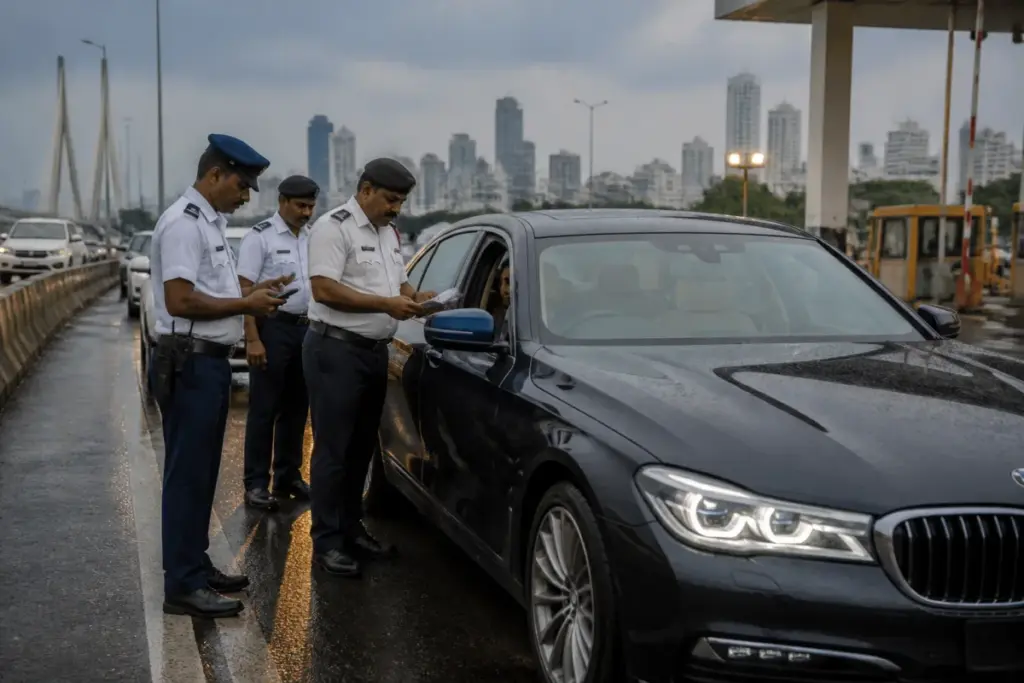 Mumbai luxury car tax evasion drive at a city road checkpoint with a high-end vehicle being inspected.