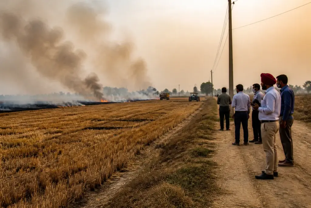 Punjab stubble burning in a harvested field with smoke rising near rural farmland