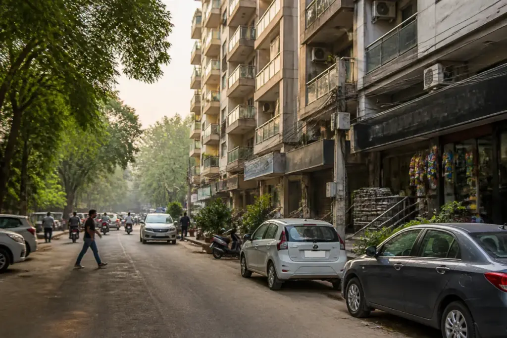 Delhi commercial properties operating along a residential neighbourhood street