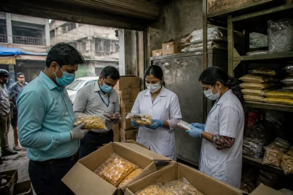 Delhi food safety officials inspecting food storage racks and packaged products in a warehouse