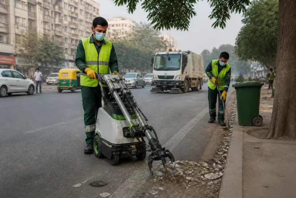 Battery-powered litter picker being deployed for Delhi waste management on a city road