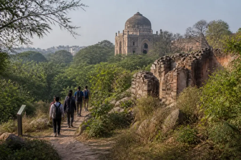 Delhi Ridge digital guide sites across a green heritage landscape near Delhi University