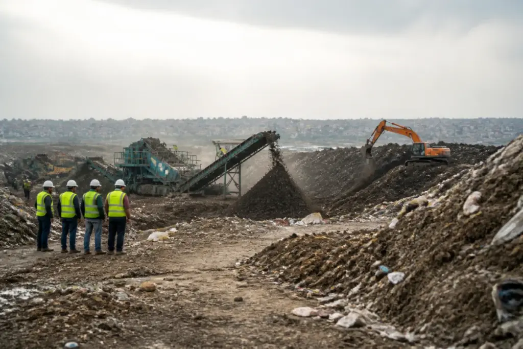 Delhi landfill biomining machinery working beside legacy waste at a dumpsite
