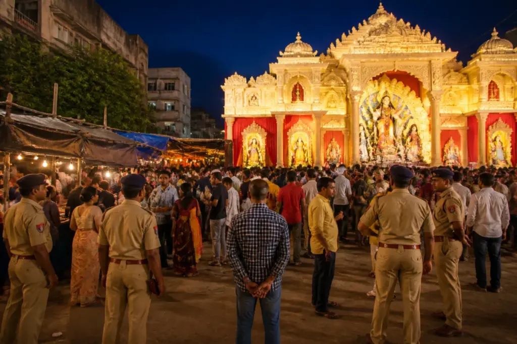 Hyderabad Durga Puja pandal with food stalls and police presence