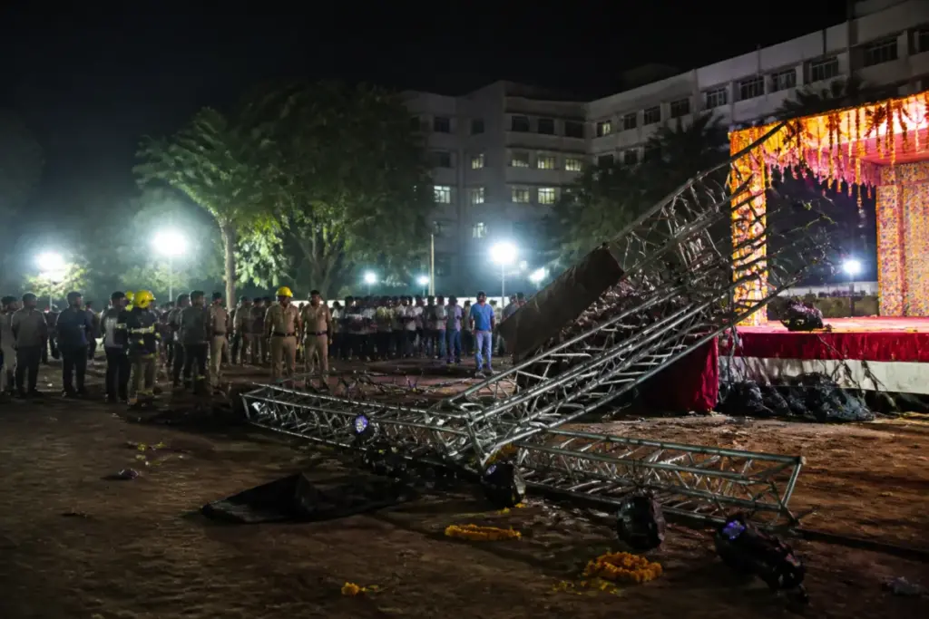 Metal lighting frame at a Hyderabad dandiya event venue after a student fatality and injuries