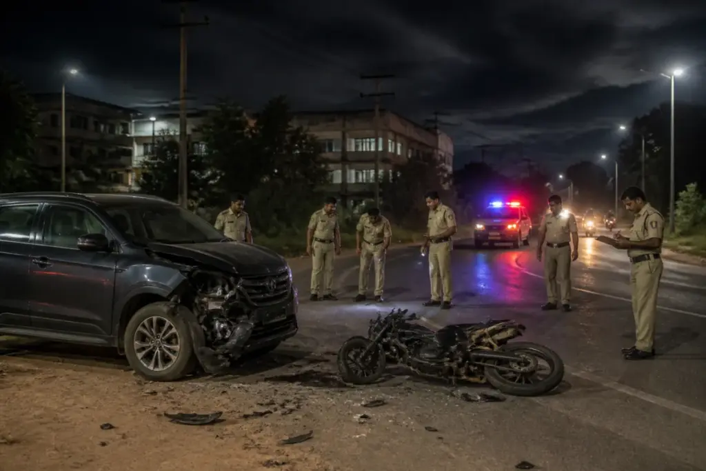 Police response at a Mahbubnagar road accident site involving a motorcycle and SUV
