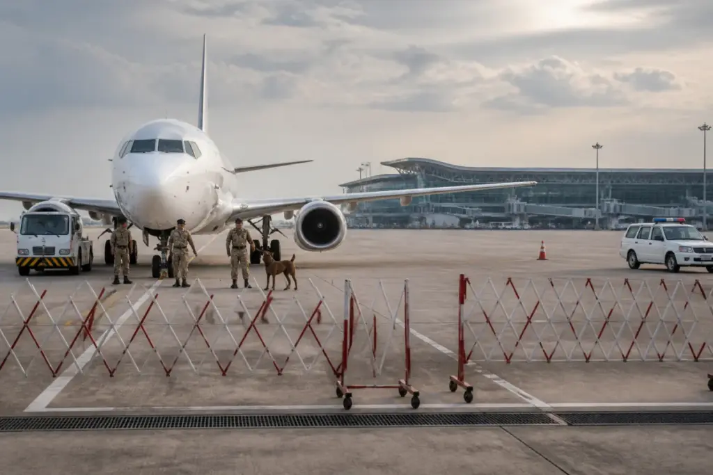 Security personnel inspect an aircraft after a Hyderabad airport bomb scare.
