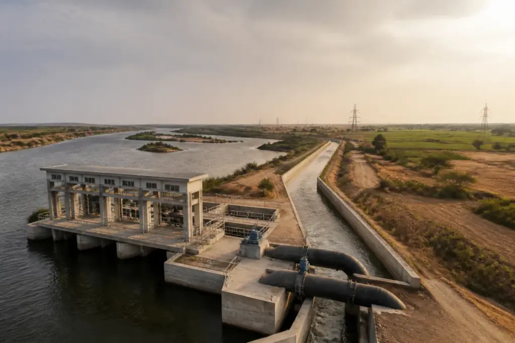 Godavari-Cauvery link project and Telangana water infrastructure near a river irrigation system