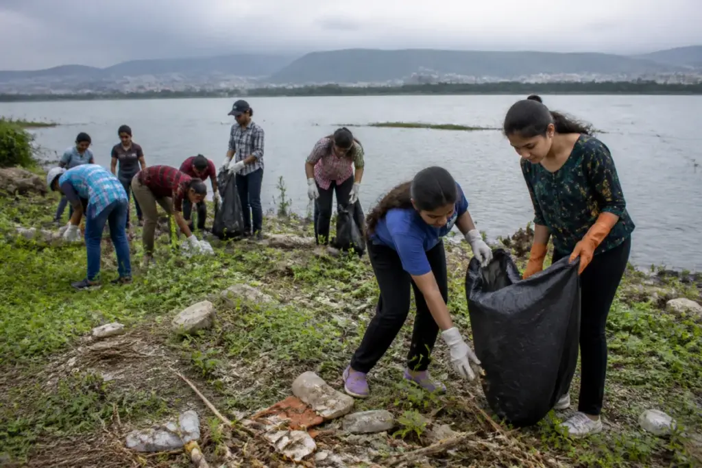 Volunteers conducting a Meghadrigedda reservoir cleanup in Visakhapatnam