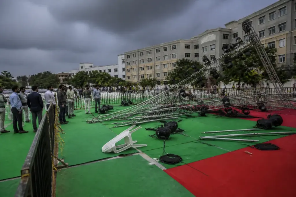 MVSR College mishap scene showing event lighting equipment at an Indian college campus