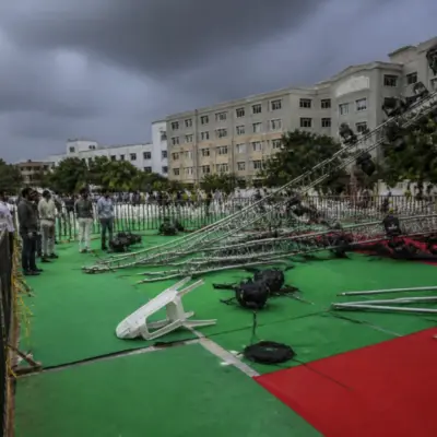 MVSR College mishap scene showing event lighting equipment at an Indian college campus