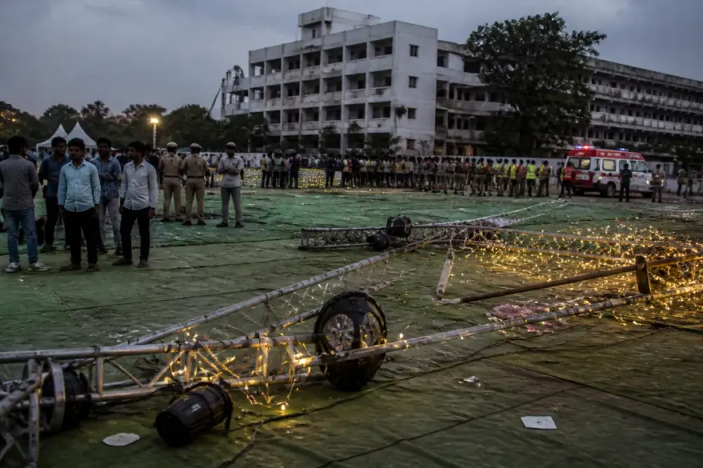Hyderabad college Dandiya accident venue with collapsed event lighting poles