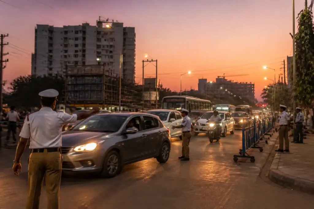 Kukatpally traffic advisory showing evening traffic near IDL Lake in Hyderabad