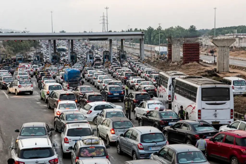 Hyderabad traffic queues at a highway toll plaza during the Dasara travel rush