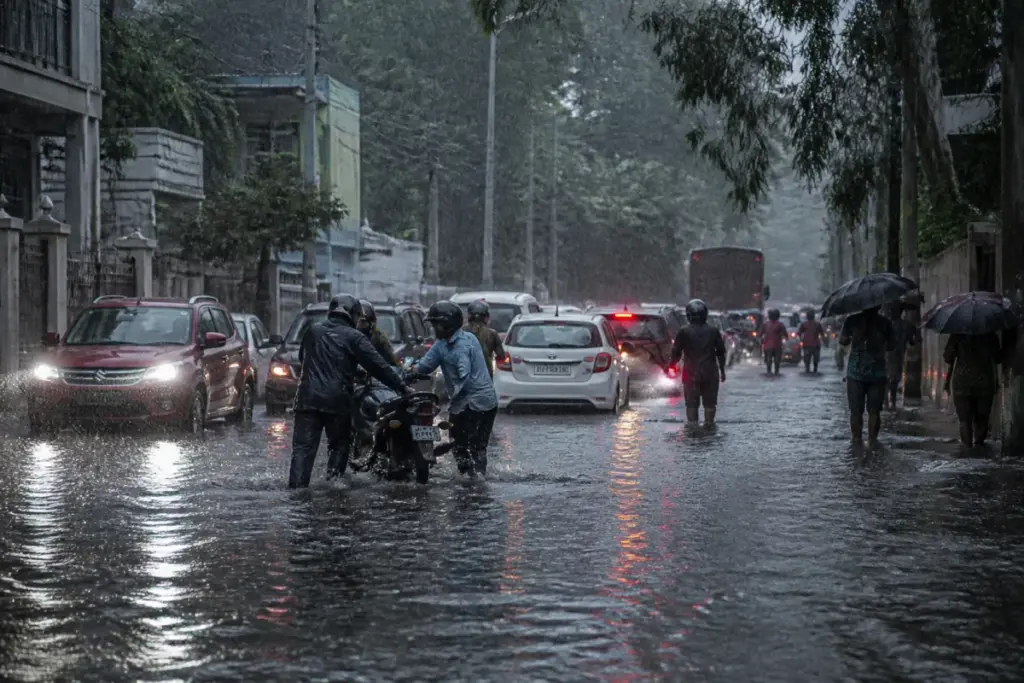 Chennai heavy rain flooding a city road with vehicles and standing water