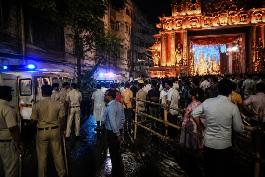 Emergency response near the Chorbagan Durga Puja pandal after the Kolkata Durga Puja stampede